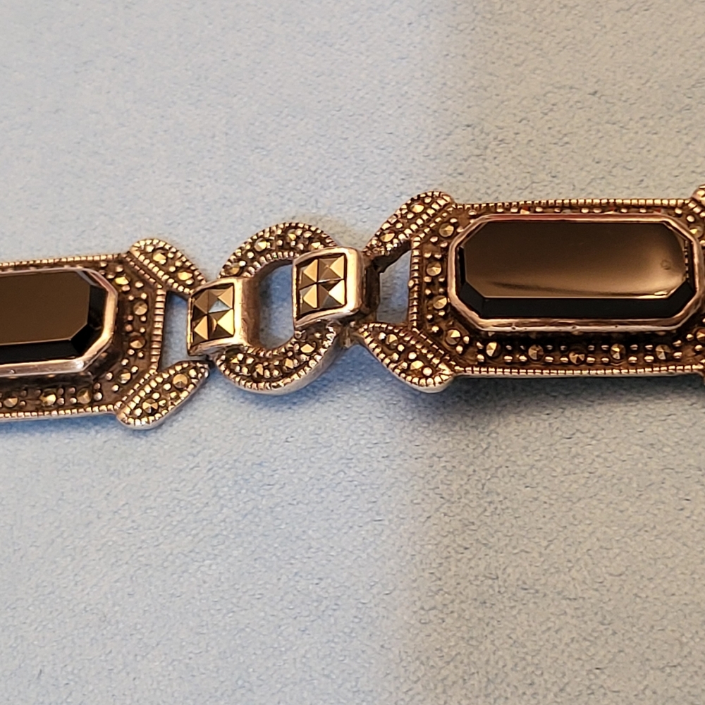 Sterling silver bracelet, VTG, black onyx, marcasite, fantastic 8" long, classic - Picture 10 of 12